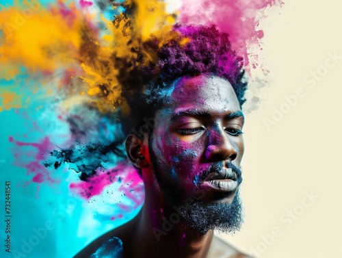 Black man surrounded with abstract powder colours. © kilimanjaro 