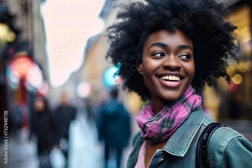 Cheerful black woman on the city background. She walks gracefully, radiating confidence