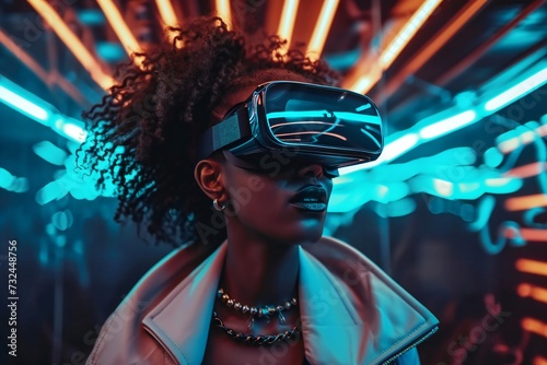 black woman exploring VR headset discovering new horizons © kilimanjaro 
