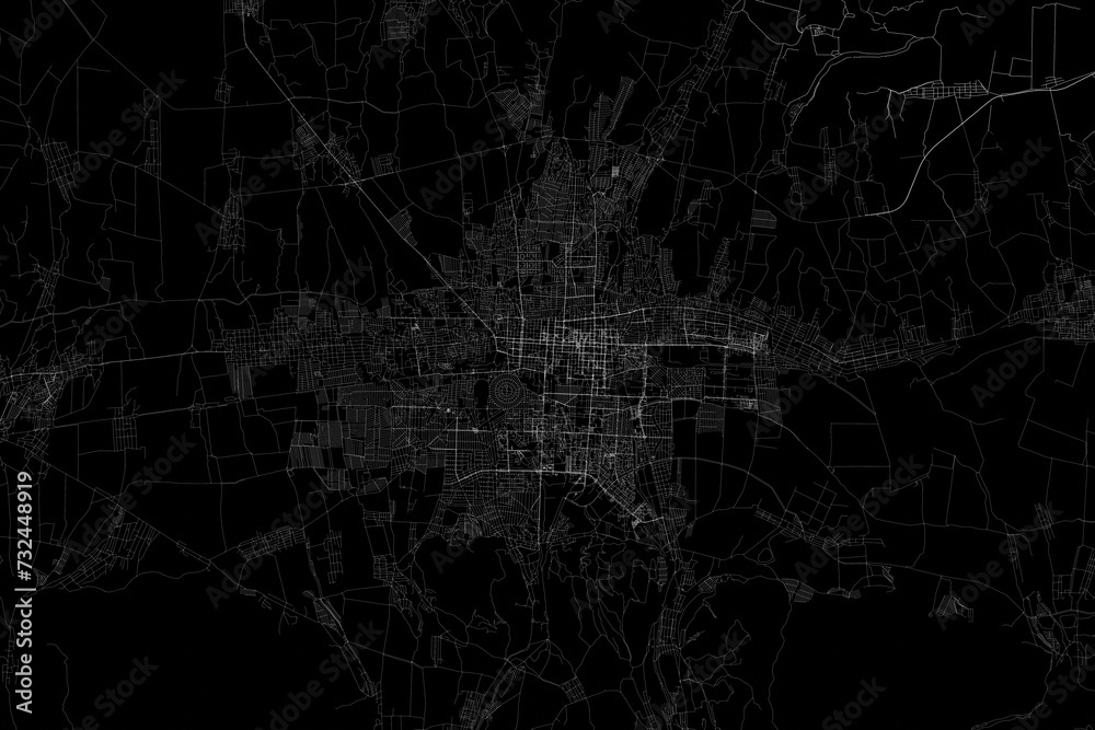 Stylized map of the streets of Bishkek (Kyrgyzstan) made with white lines on black background. Top view. 3d render, illustration