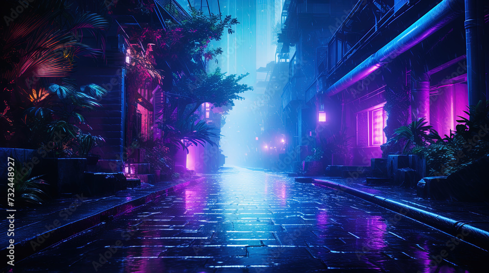 A mesmerizing cyberpunk scene in an urban alley at night. Neon lights reflect on the wet pavement, creating a futuristic atmosphere.