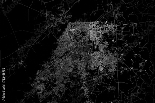 Stylized map of the streets of Lahore (Pakistan) made with white lines on black background. Top view. 3d render, illustration