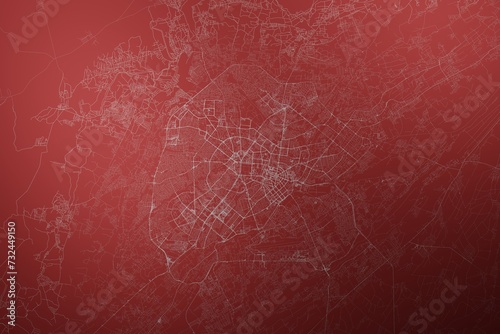 Map of the streets of Tashkent (Uzbekistan) made with white lines on abstract red background lit by two lights. Top view. 3d render, illustration photo