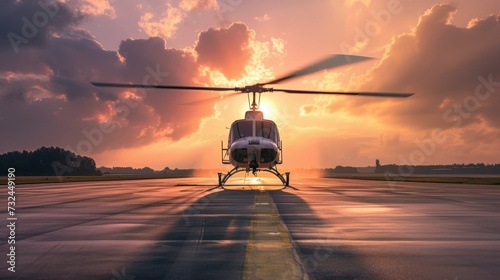 Personal helicopter stand at airport ready to take off. Evening sunset. Propeller plane flight. Chopper aircraft landing at aerodrome. Business copter trip. Travel to destination rount.