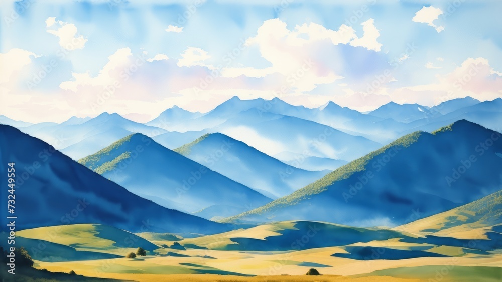 watercolor composition of a mountain landscape with soft transitions from the blue sky. Illustration, AI Generated