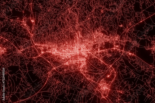 Street map of Zagreb (Croatia) made with red illumination and glow effect. Top view on roads network. 3d render, illustration