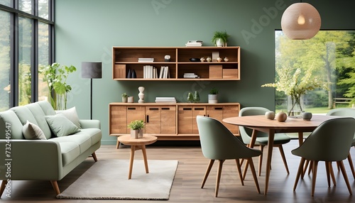 Scandinavian Mid-Century Elegance: Mint Chairs and Wooden Table in a Modern Living Room