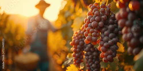 Sunlit clusters of ripe grapes in a vineyard with a blurred vigneron in the background.