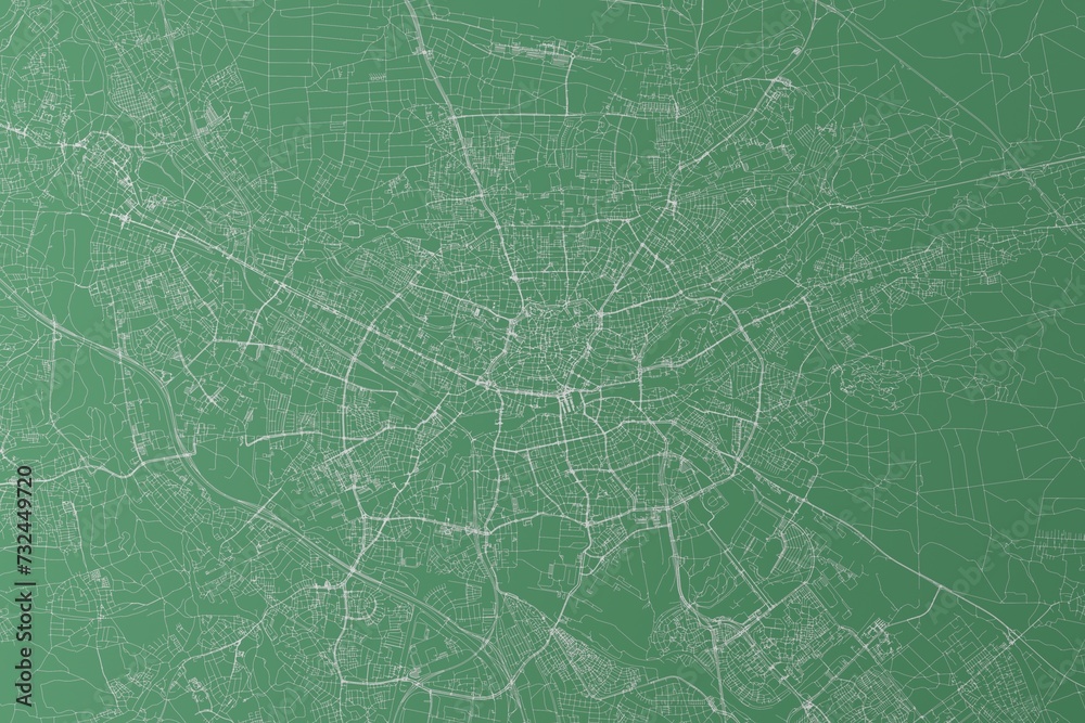 Stylized map of the streets of Nuremberg (Germany) made with white lines on green background. Top view. 3d render, illustration