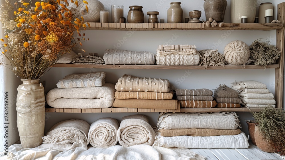 Warm and Cozy: A Shelf of Wool Blankets and Towels Generative AI - obrazy, fototapety, plakaty 