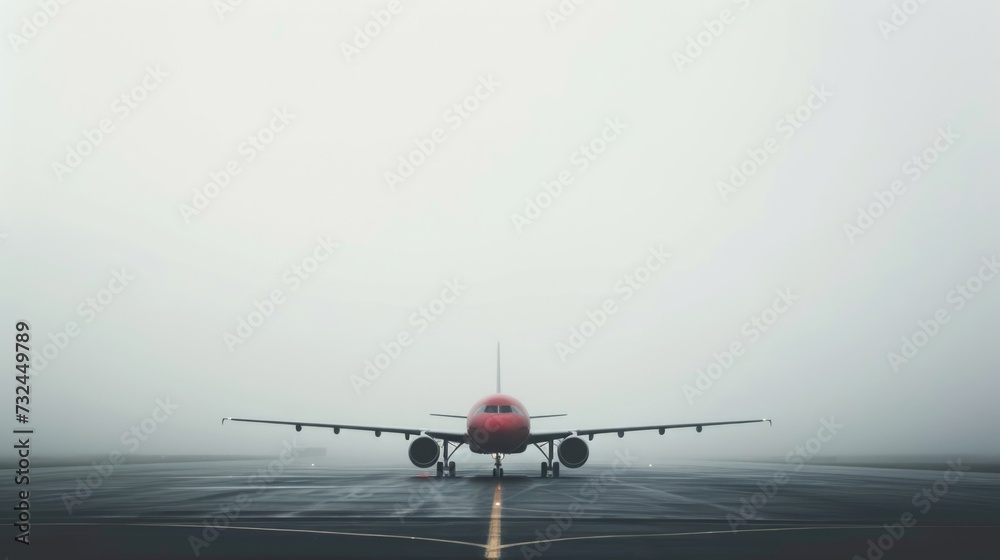 Commercial airplane stand at airport ready to take off. Foggy sky. Bad weather for passenger plane flight. Aircraft at aerodrome. Business jet trip. Travel to destination rount. Minimalistic photo. Commercial airplane stand at airport ready to take off. Foggy sky. Bad weather for passenger plane flight. Aircraft at aerodrome. Business jet trip. Travel to destination rount. Minimalistic photo.
