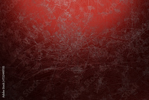 Street map of Frankfurt (Germany) engraved on red metal background. Light is coming from top. 3d render, illustration