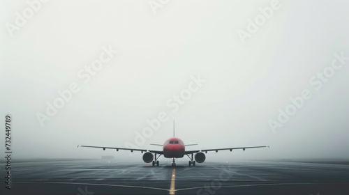Commercial airplane stand at airport ready to take off. Foggy sky. Bad weather for passenger plane flight. Aircraft at aerodrome. Business jet trip. Travel to destination rount. Minimalistic photo.