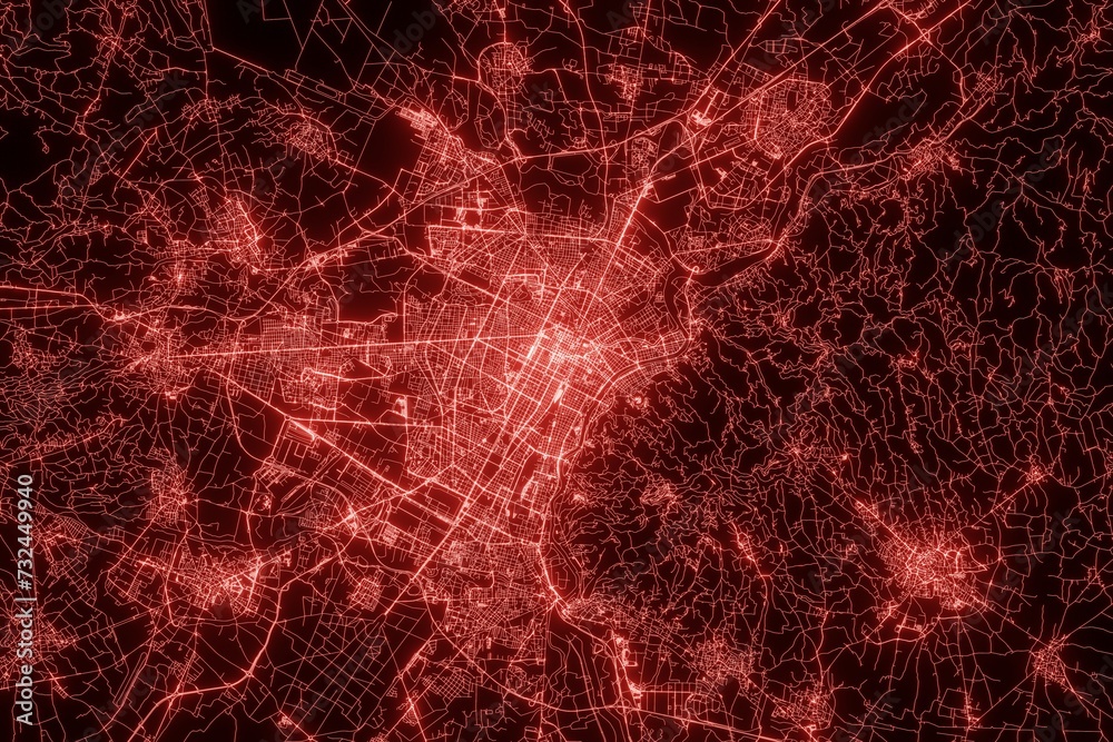 Street map of Turin (Italy) made with red illumination and glow effect. Top view on roads network. 3d render, illustration - obrazy, fototapety, plakaty 