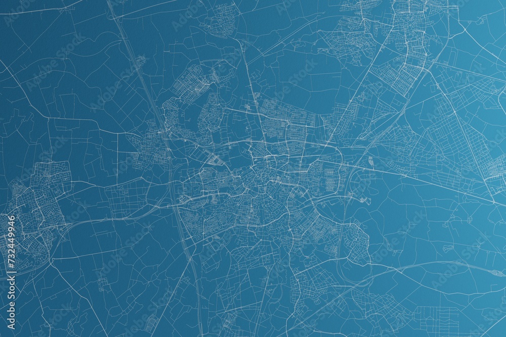 Map of the streets of Breda (Netherlands) made with white lines on blue paper. Rough background. 3d render, illustration