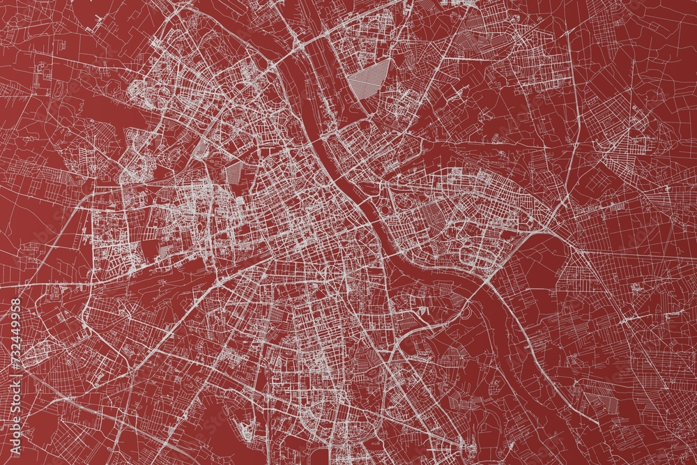Map of the streets of Warsaw (Poland) made with white lines on red background. Top view. 3d render, illustration