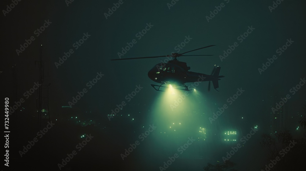 Fototapeta premium Search helicopter fly foggy sky at night time. Propeller plane flight. Chopper cruising high altitude try to find missing people. Copter propelling forward with flash light. Minimalistic photo.