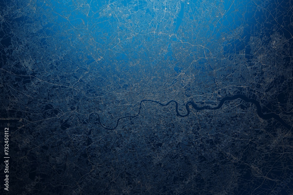 Street map of London (UK) engraved on blue metal background. View with light coming from top. 3d render, illustration - obrazy, fototapety, plakaty 