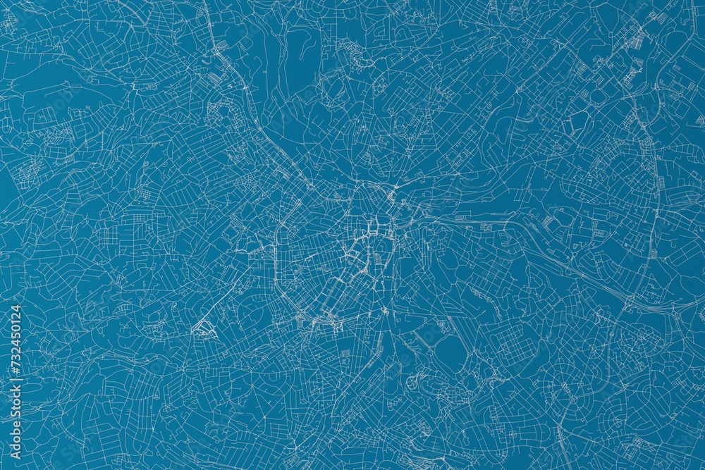 Map of the streets of Sheffield (UK) made with white lines on blue background. 3d render, illustration