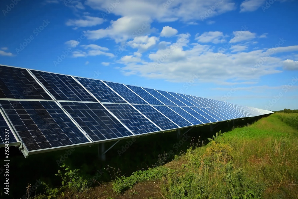 solar panels farm in the lush green field.