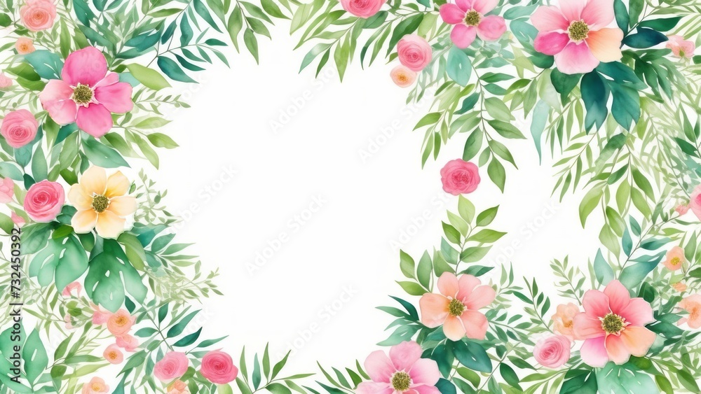 Abstract watercolor green background with plants and flowers. Pastel green wallpaper. Illustration, AI Generated