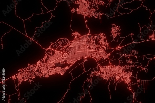 Street map of Barquisimeto (Venezuela) made with red illumination and glow effect. Top view on roads network. 3d render, illustration