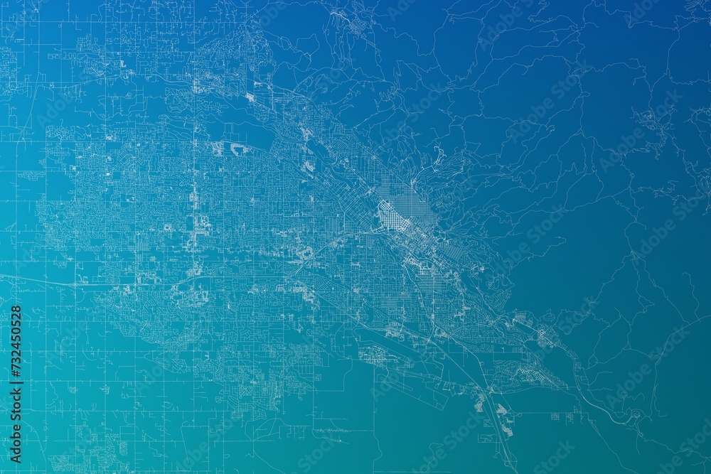 Map of the streets of Boise (Idaho, USA) made with white lines on greenish blue gradient background. 3d render, illustration