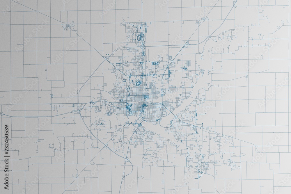 Map of the streets of Decatur (Illinois, USA) made with blue lines on white paper. 3d render, illustration