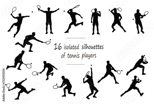 16 silhouettes of tennis player with ball in polo shirt in motion: standing, running, rushing, jumping, serving, receiving