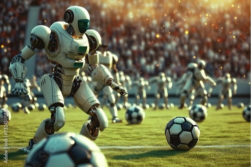 Robots playing a soccer game on the green field. © kilimanjaro 