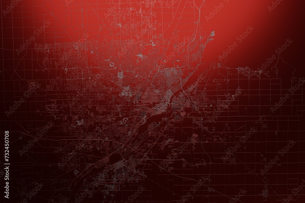 Street map of Toledo (Ohio, USA) engraved on red metal background. Light is coming from top. 3d render, illustration
