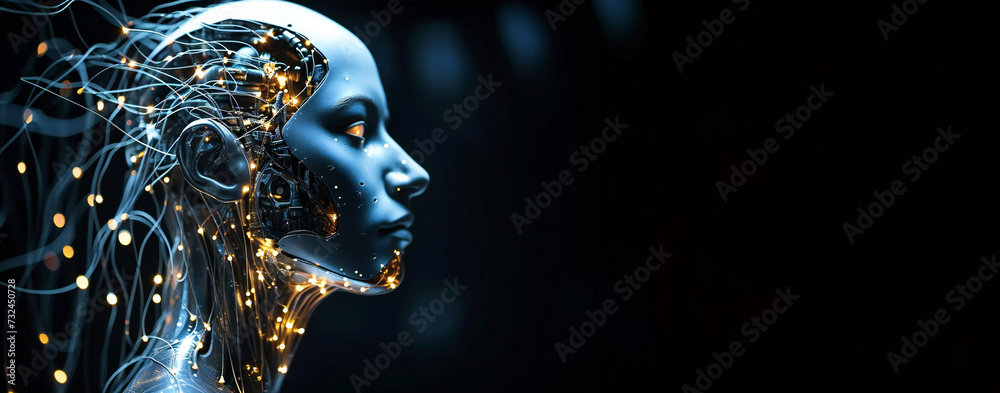 Humanoid on dark background with copy space