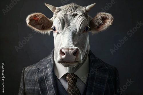 anthropomorphic portrait of a cow in a classy suit.