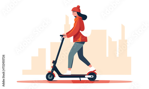 woman standing riding e-scooter vector flat isolated illustration -