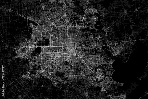 Stylized map of the streets of Houston (Texas, USA) made with white lines on black background. Top view. 3d render, illustration