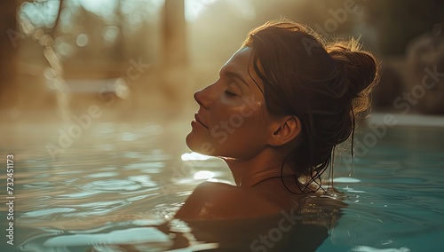 Serene moment captured young woman leisurely swims in luxurious resort pool embodying essence of relaxing spa vacation reflects bliss of summertime travel with female tourist enjoying tranquility