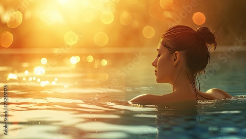 Serene moment captured young woman leisurely swims in luxurious resort pool embodying essence of relaxing spa vacation reflects bliss of summertime travel with female tourist enjoying tranquility