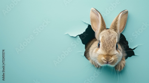 The Easter bunny looks out of a hole on a blue background with space for text.