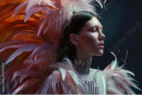 Stylish woman with feathers on clothes photo