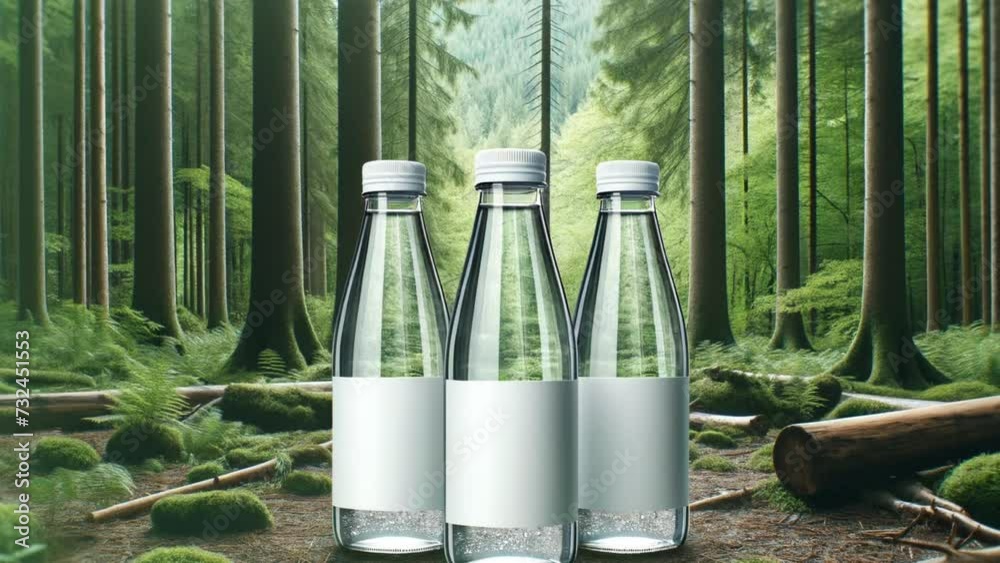 Glass bottles with clean water and a blank white label on a forest background. Glass bottles with clean water and a blank white label on a forest background.