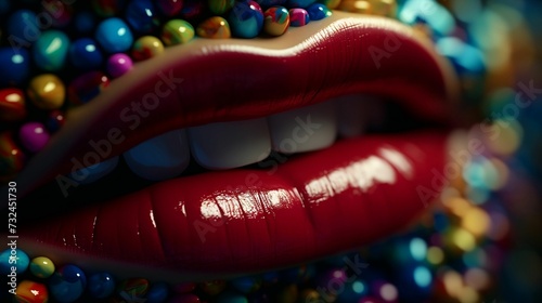 AI generated illustration of a close-up of artistic red lips surrounded with colorful beads