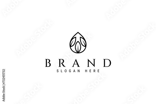 Water drop logo with natural leaf elements in minimalist outline linear line art design style