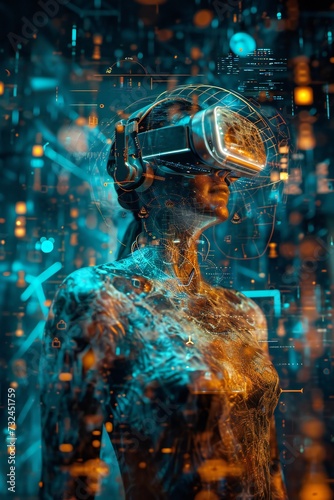 Woman in the metaverse, immersed in the virtual reality experience, wearing VR glasses, © kilimanjaro 