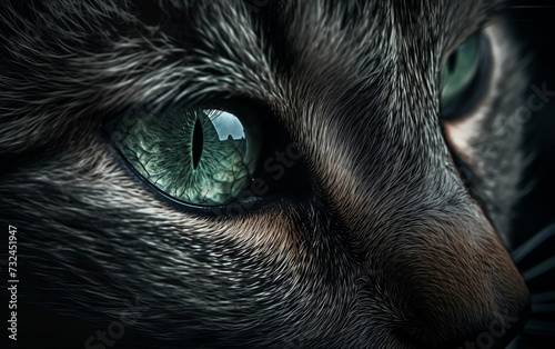 AI generated illustration of the green eyes of a black cat