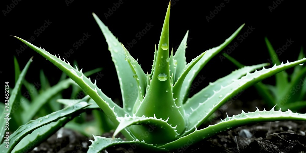 Fototapeta premium a small green aloe vera with water droplets in a pot.