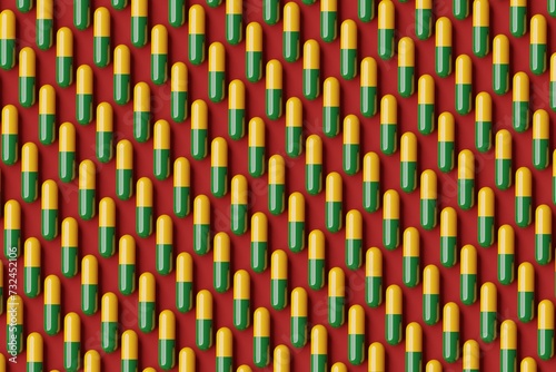 Many green and yellow pills on maroon background. Top flat view  diagonal grid. 3d render  illustration