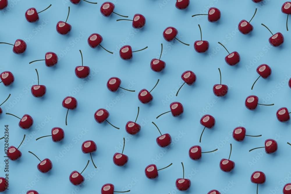 Many cherries on steel blue background. Top flat view, ordered. 3d render, illustration Many cherries on steel blue background. Top flat view, ordered. 3d render, illustration