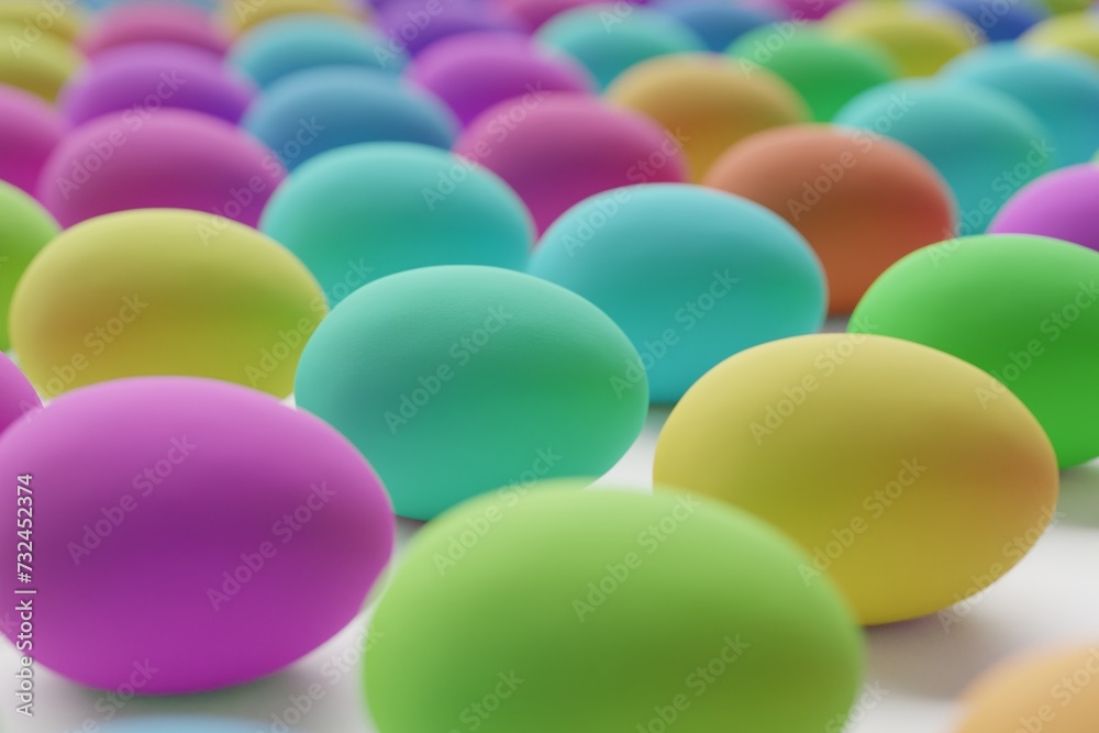 Many colorful eggs on white background. Closeup view, macro shot, selective focusmacro shot. 3d render, illustration Many colorful eggs on white background. Closeup view, macro shot, selective focusmacro shot. 3d render, illustration