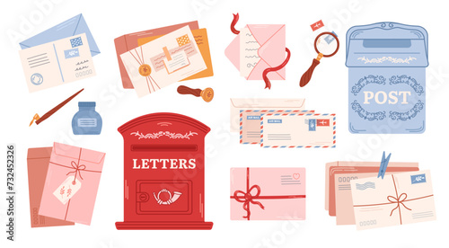 Craft envelopes, handmade cards. Stamps and postal stationery. Different retro postboxes. Delivery, message, communication concept. Set of isolated vector illustration.