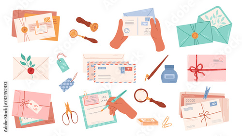 Set of various envelopes, letters, stamps and postal stationery.